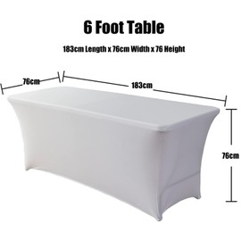 6Ft Stretchable Tablecloth Tight Fit Washable and Wrinkle Resistant Spandex Table Cover for Party Tradeshows Banquet Weddings Cocktail (White)