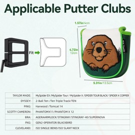 Golf Mallet Square Putter Cover Heel-Shaft Headcovers Fits for S p i d e r X EX TOUR Magnetic Groundhog White&Green PU Leather