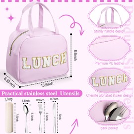Sanwuta Lunch Box for Women Insulated Lunch Bag with Stainless Steel Utensils Set Leather Preppy Lunch Box Reusable Cute Lunch Bag Leakproof with Chenille Letters for Girls School Office Work (Purple)