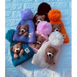 KH Gorro Dos Pompones Oso Tierno Niñas Niños Unisex Invierno