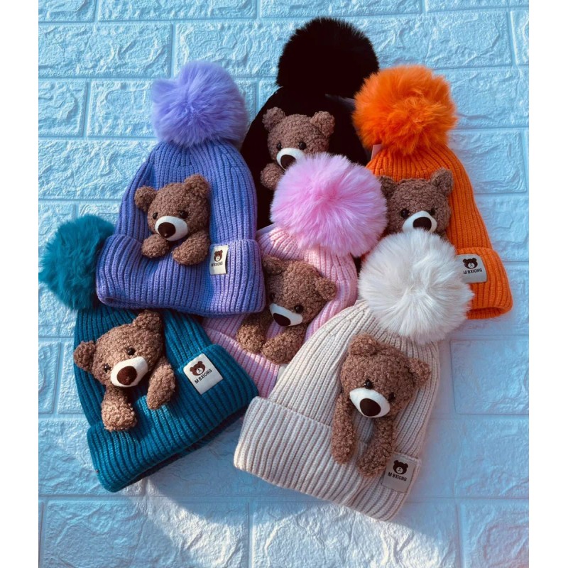 KH Gorro Dos Pompones Oso Tierno Niñas Niños Unisex Invierno