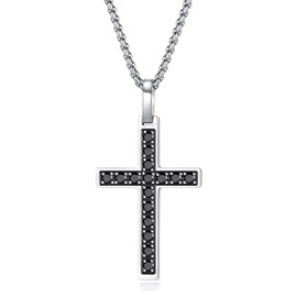 GAVU Stainless Steel Men's Necklace with Cross Pendant with Black Cubic Zirconia, Cubic Zirconia, Cubic Zirconia