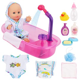 deAO Baby Doll Set with Bathtub,11PCS Doll Bath Set - Real Working Bathtub with Detachable Shower Spray,Toy Gift Set for 3+ Years Old Kids