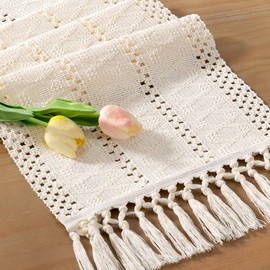 Socomi Boho Table Runner Macrame Small Spring Easter Farmhouse Woven Cotton Linen Rustic Coffee Table Runner with Tassels for Dresser Scarf Home Decor Dining Room 12x60 inch Cream Ivory