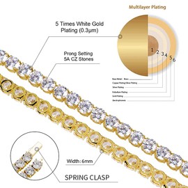 JINAO 6mm Tennis Chain Necklace 18k Gold Plated 1 Row Lab Simulated Diamond Iced Out Cubic Zirconia Chain Men's Hip hop Tennis Choker Necklace Chain for Men Women