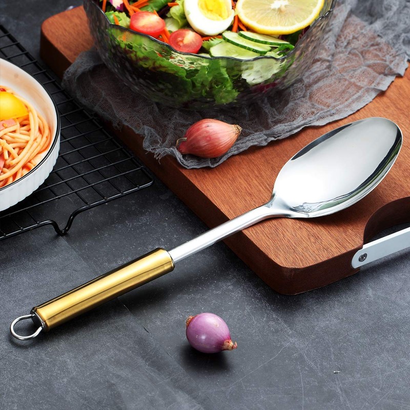 Berglander Solid Spoon, Stainless Steel Gold Handle Solid Cooking Spoon