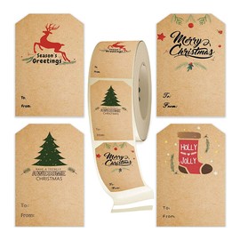MIYKA 300 Pcs Gift Stickers with 4 XmasPatterns, Writable Stickers Label Tags for Gift Wrapping, Decoration, Greeting Cards, Envelops (Brown)
