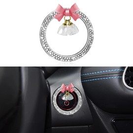 Lyxheth Cute Bow Bling Car Engine Stop Decoration Ring, Engine Start Button Cover, Crystal Rhinestone Push to Start Button Cover Knob Ring with Bow, Shiny Ignition and Knob Ring for Women (White)