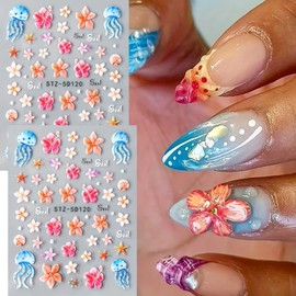 Summer Nail Stickers Flower Nail Art Stickers 5D Embossed Ocean Nail Decals Colorful Floral Starfish Jellyfish Bubble Design Sea Beach Nail Art Supplies Cute Self-Adhesive Nail Accessories for Women