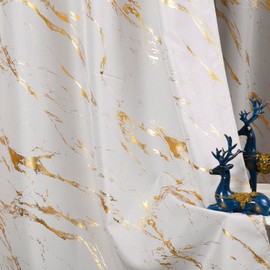 Taisier Home Gold Foil Print Linen Textured Curtains Geometric Marble Pattern Design Curtains for Living Room Light Filtering Window Treatment 2 Panels 84" L,Beige and Gold Curtains Print