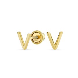 ABC Minimalist Real Yellow 14K Gold Capital Block Alphabet Letter Initial V Stud Earrings Safety Ball Screw Back For Teen For Women