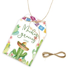 50pcs Cactus Fiesta Thank You Tags, Muchas Gracias Gift Tag with String for Western Fiesta Party, Cactus Thank You Paper Tags for Mexican Fiesta Party Favors