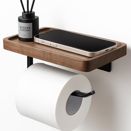 Rzoklot Toilet Paper Holder with Walnut Wood Shelf – Adhesive or Wall Mounted Bathroom Storage Organizer, Rustic Modern Wood and Metal Roll Rack for Small Spaces, RV, Guest Toilet