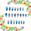 Blue Press on Nails Medium Almond Shaped Flower Pattern Design