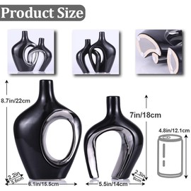 Black and Silver Hollow Ceramic Vase Set of 2, Modern Nordic Boho ins Style Aesthetic Decorative Flower Vase for Home Decor, Wedding, Living, Bedroom, Dining Table, Shelf, Mantle, Office Decor