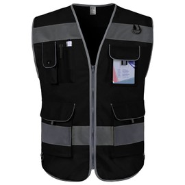 TCCFCCT Safety Vest for Men Women, 9 Pockets High Visibility Reflective Vest for Safety, Work Vest with Reflective Strips, Meets ANSI/ISEA Standards, (Black, X-Large)