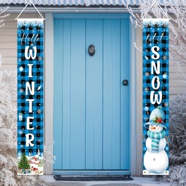 Avezano Hello Winter Door Banner Let It Snow Welcome Banner Snowman Door Decorations Blue Buffalo Plaid Wonderland Porch Signs for Christmas Winter Holiday Party Decorations