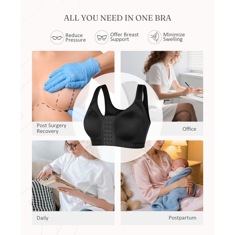 FeelinGirl Front Closure Post Surgery Compression Bra with Adjustable Straps