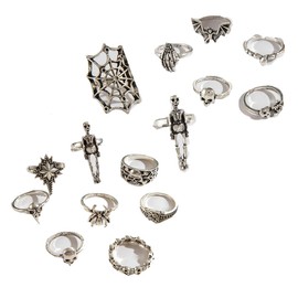 PLOUTOS Vintage Gothic Spider Web Bat Cross Snake Eye Carved Textured Knuckle Midi Stackable Ring Set for Women Adjustable Silver Tone Multiple Pieces (Silver)