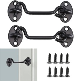 2PCS Stainless Steel Cabin Hook and Hook and Eye Latch, 4 Inch shed Door Latch Heavy Duty, Door Swivel Window Hook Lock with Mounting Screws for Wooden Gates, Window(Black, 100mm)