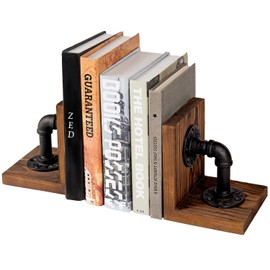 MyGift Sujetalibros Decorativos en Forma de L Hecho de Madera con Estilo rústico y tubería de Industrial, Juego de 2