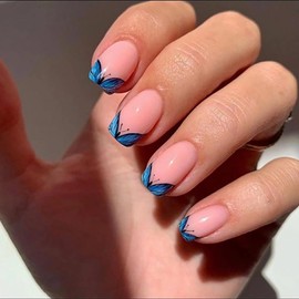 MERVF Square Press on Nails Short Fake Nails Press ons Blue French Tip Glue on Nails with Butterfly Design Squoval Acrylic Nails 24pcs Glossy False Nails