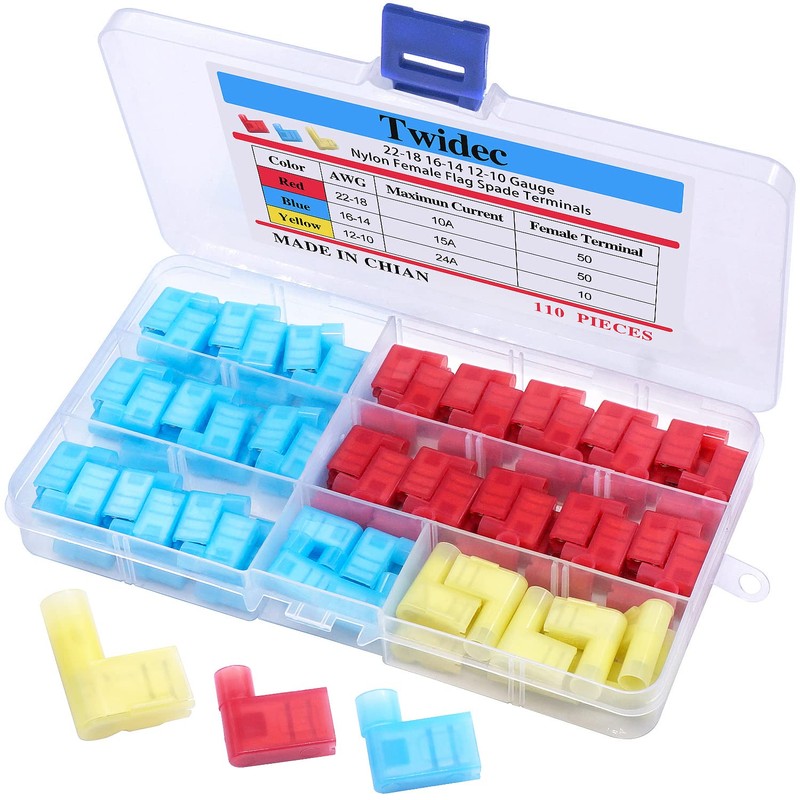 Twidec/110Pcs Nylon Flag Spade Female Insulated Terminals 22-18 18-14 12-10