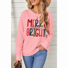MODNTOGA Merry and Bright Crewneck Sweatshirt for Women Merry Christmas Pullovers Retro Glitter Patch Merry Xmas Tops Shirt (Pink Embroidery, S)