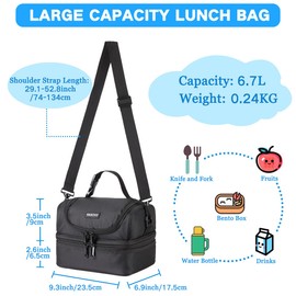 VASCHY Insulated Lunch Bag, Men's, Women's Portable Lunch Bag with Separate Compartments, Insulated Bag, Children's Lunch Handbag with Adjustable Shoulder Strap for School Office (Black), Black