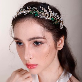 BERYUAN Green leaf Crystal Pearls Rhinestone Bridal Headband for Bride Bridesmaid Pearl Rhinestone Hair Vine for Wedding Women and Girls Gold hair accessories