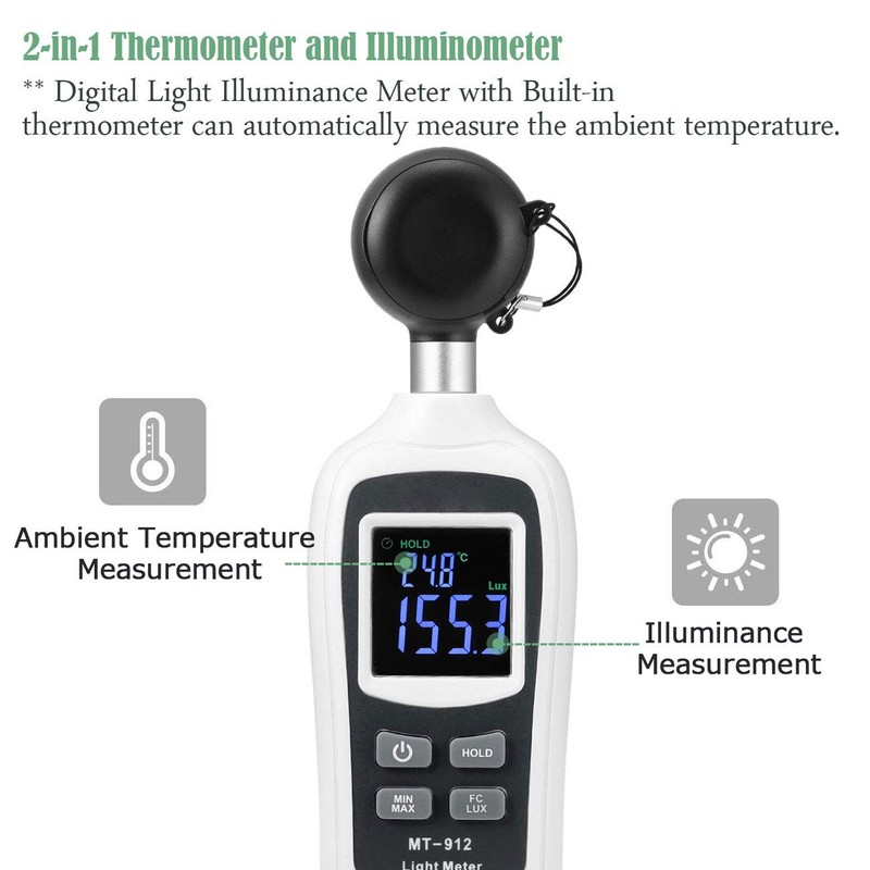 Digital Light Meter,V·Resourcing Handheld Illuminance Meter with Ambient Temperature Measurer,Range
