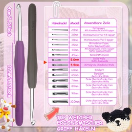 Aeeque 5.0 mm, 5.5 mm Crochet Hook, 2 Pieces Crochet Hook Set, Aluminium Crochet Hooks with Rubber Handle, Lightweight TPR Crochet Hooks for Arthritis, Colourful Crochet Hook Metal for Crochet Scarf,