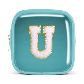 Pocmimut - Bolsa de maquillaje personalizada, neceser de viaje personalizado, regalo de cumpleaños de la A-Z para adolescentes y adolescentes, novia, profesora y madre, azul (Mini-Blue), Mini, U