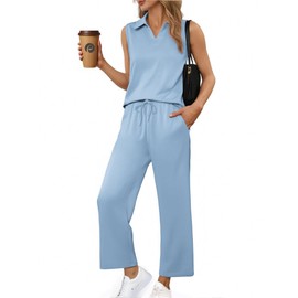 PINSPARK Women's 2 Piece Sets Outfits Sleeveless V Neck Tops 2025 Tracksuit,Light Blue X-Large