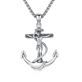 DOTBJ Anchor Crucifix Pendant Necklace for Men, 925 Sterling Silver Catholic Jesus Cross with Stainless Steel Chain 22"+2"