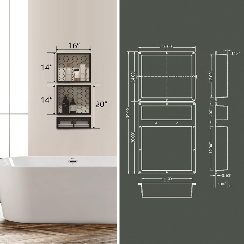 Uni-Green Shower Niche Ready for Tile 16"X34"(16"x14"+16"x20"), Set of Two