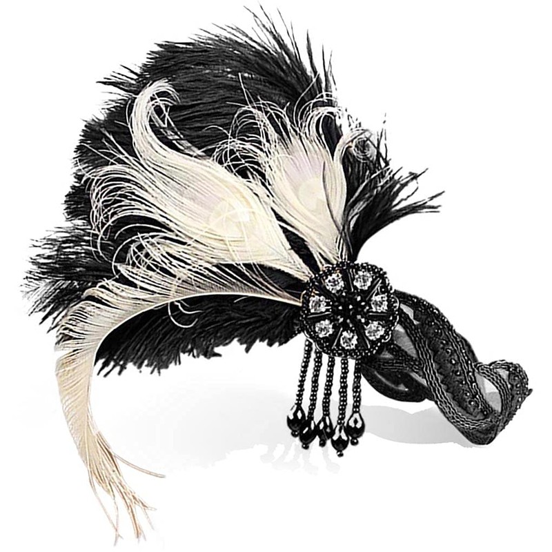 Flapper Girl Black Ivory Ostrich Feather Headpiece, Black-ivory, Size One