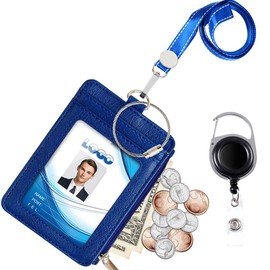 Badge Holder with Zipper, Life-Mate PU Leather ID Badge Card Holder Wallet Case with 5 Card Slots Zipper Pocket 19" Polyester Neck Lanyard Heavy Duty Metal Retractable Badge Reel (Blue)