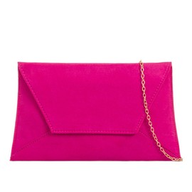Purple Possum UK Pink Envelope Clutch Bag Slim Cerise Faux Suede Evening Bag, Ladies Fuchsia Shoulder Bag, Prom Wedding Handbag
