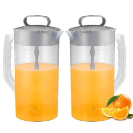 2 Pcs Mixing Pitcher for Drinks, 2 Quart/64oz Plastic Water Pitcher with Lid, Angled Plastic Blades and Adjustable Mixer Plunger for Juice, Tea, Milk, Beverage Container