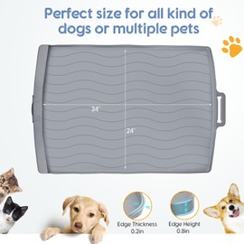 Ligebul Dog Food Mat, 34"X24" Large Dog Mats for Food and Water Silicone Pet Food Mat with Residue Collection Pocket Waterproof Large for Feeding Cat Bowl Floors-Gray