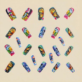 24Pcs Colorful Butterfly Press on Nails Medium Length Square Fake Nails Cute False Nails with Flower Designs Spring & Summer Glue on Nails Matte Acrylic Artificial Nails for Women Girls