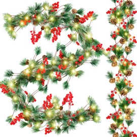 2 Pieces Christmas Garland with Lights Battery Operated Christmas Smokey Pine Garland Red Berry Pine Cone LED Christmas Lights for Mantel Pine Garland with Lights for Fireplace Stair Party (9 ft)