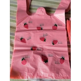 Strawberry Plastic Bags, Pink Grocery, Shopping Bag, Restaurants, Convenience Store,Recyclable T Shirt Bags For Small Business, 12.5" x 2.7" x 21, 50 Count