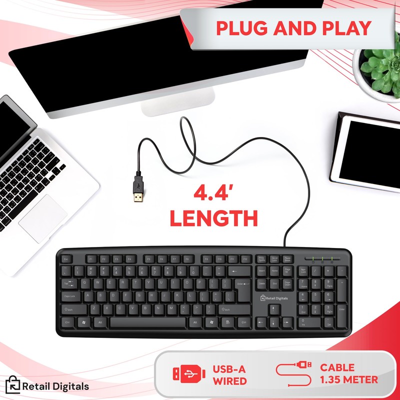 Retail Digitals Wired Keyboard | Full-Sized | Ergonomic | Spill