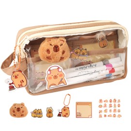 MOKIDO Kapybara Pencil Case, Aesthetic Pencil Case with Compartments, Large Capacity Transparent Pencil Case, Cartoon Pencil Case, Multi-Layer Cute Pencil Case for Boys and Girls, Coffee colour,