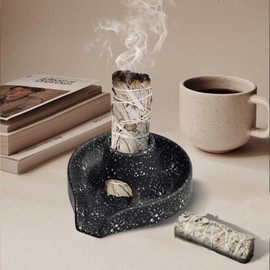Sage Holder Smudge Stick Burner Bowl Ceramics Incense Holder Burning Bowl for White Sage/Palo Santo Stick/Incense,Easy to Clean 3 in 1 White Sage Bundle Smudge Bowl (Black)