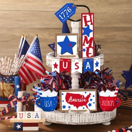 12 Pcs 4th of July Tiered Tray Decor Labor Day Decoration Patriotic Wood Decor Farmhouse Red White Blue Decoration for Independence Memorial Day Table Home Decor