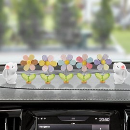7PCS Car Dashboard Decorations, Shaking Head Flower Car Rearview Mirror Accessories, Cute Rabbit Car Centre Console Ornament, Funny Car Interior Decoration for Women Girls (Rabbit)