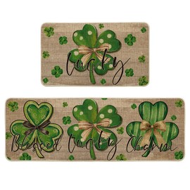 Artoid Mode Wood Lucky Shamrock Blessed Charm St. Patrick's Day Kitchen Mats Set of 2, Home Decor Low-Profile Kitchen Rugs for Floor - 17x29 and 17x47 Inch